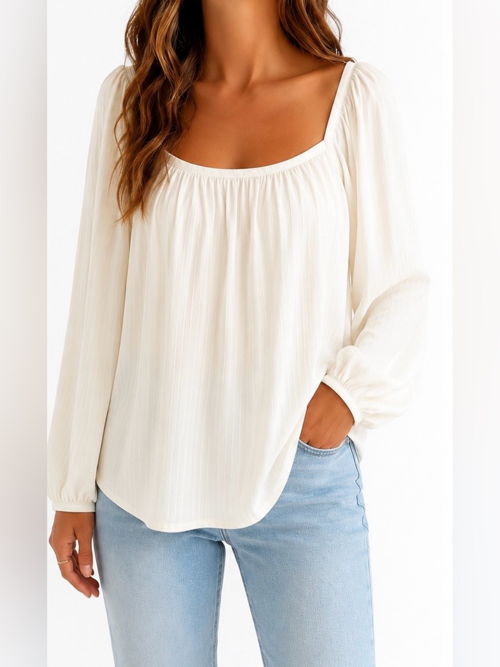A New Day Ivory Square Neck Puff Sleeve Textured Blouse XL